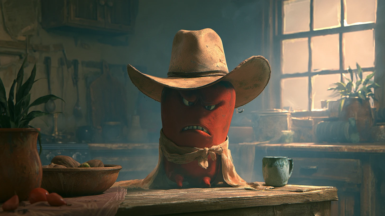 Angry Chili Pepper Cowboy Standing On A Kitchen Table