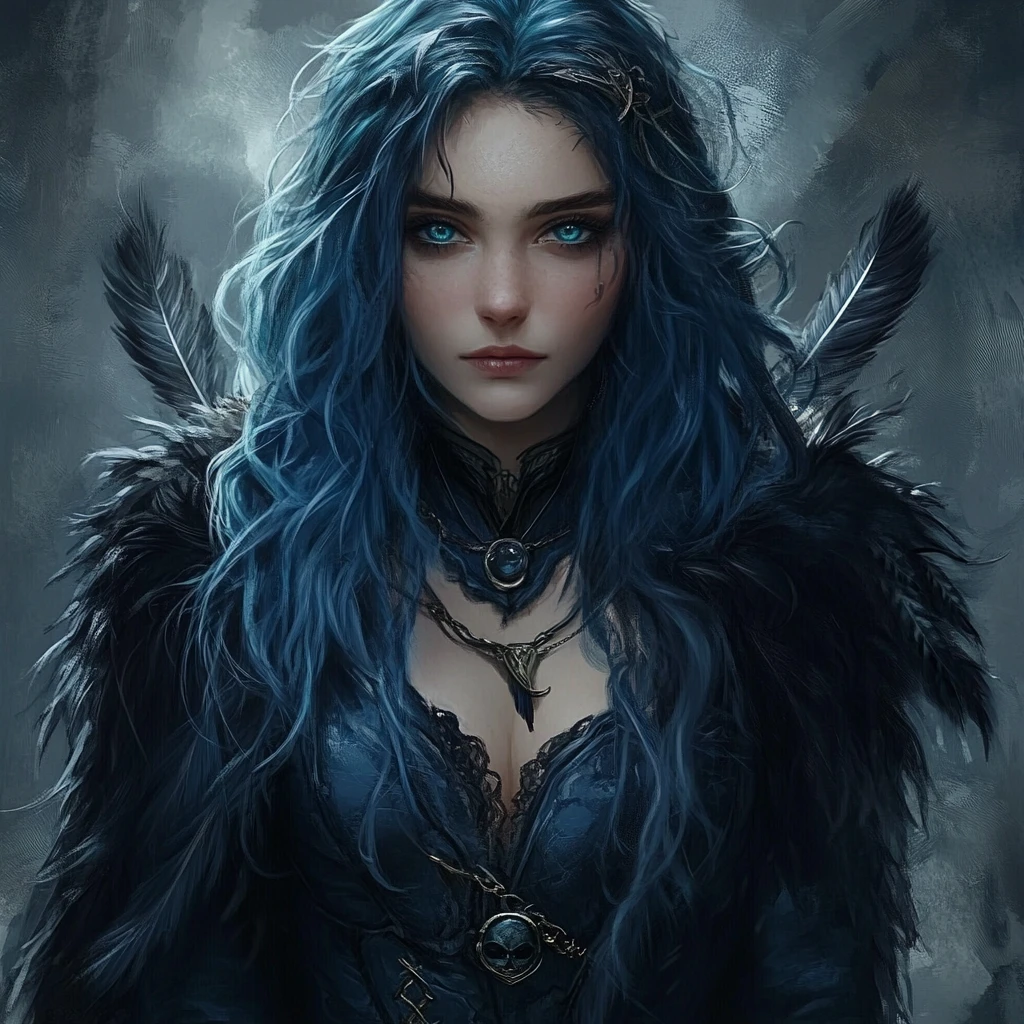 Hechicera elfa de cabello azul que controla magia de tormenta en la oscuridad