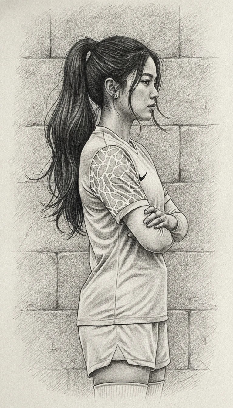Retrato de cuerpo entero en perfil de una futbolista concentrada