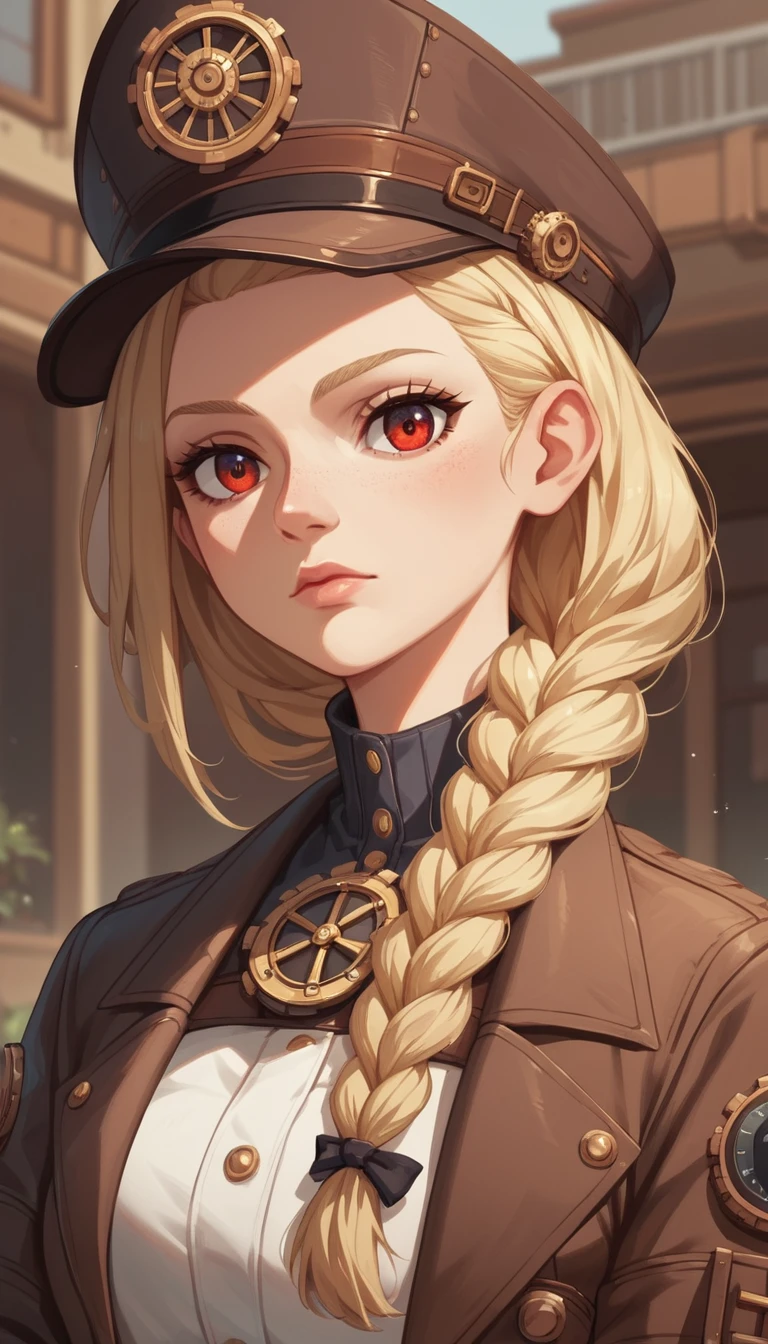 Primer plano de trabajadora steampunk con trenza rubia