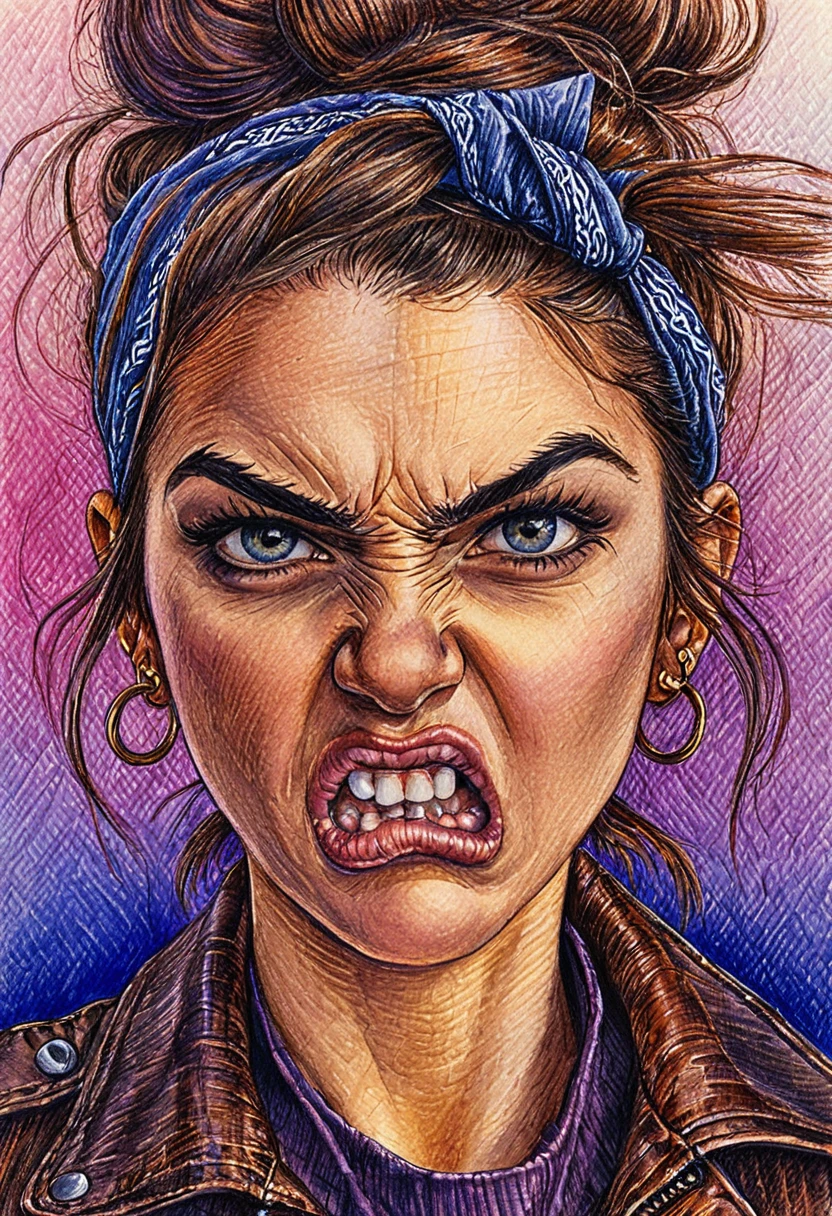 Retrato de Chica Enojada en Dibujo a Pluma y Lápiz con Trama Cruzada