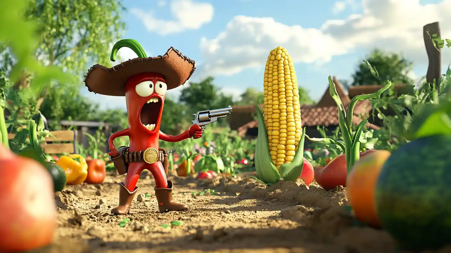 Cowboy peperoncino piccante che urla a una pannocchia arrabbiata in giardino