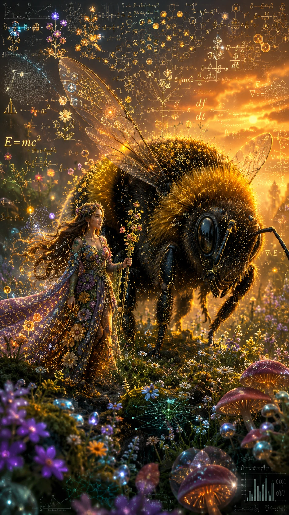 Mago de las flores caminando junto a un abejorro colosal y luminoso