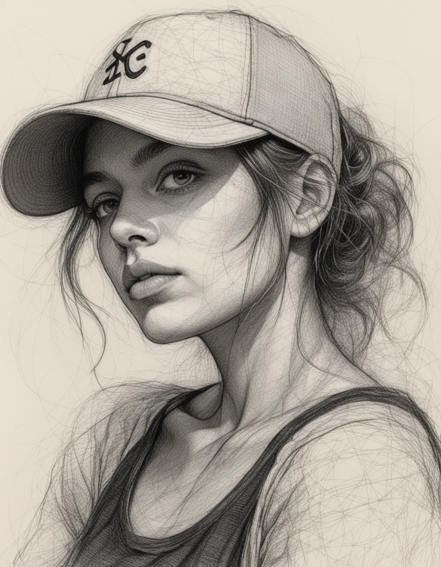 Scribbled ink close up portrait of a young woman