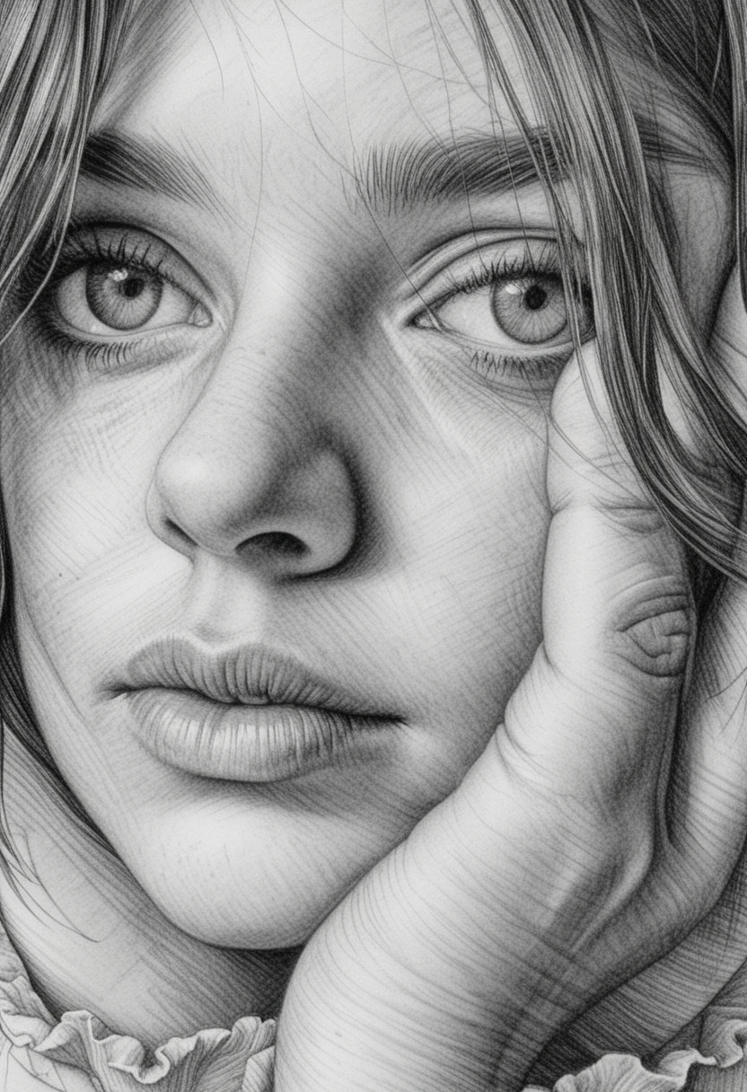 Ink close up portrait of a pensive young woman