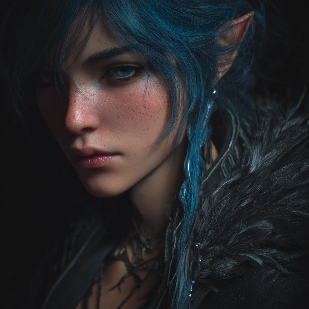 Hechicera elfa de cabello azul que domina el poder de la magia de tormenta