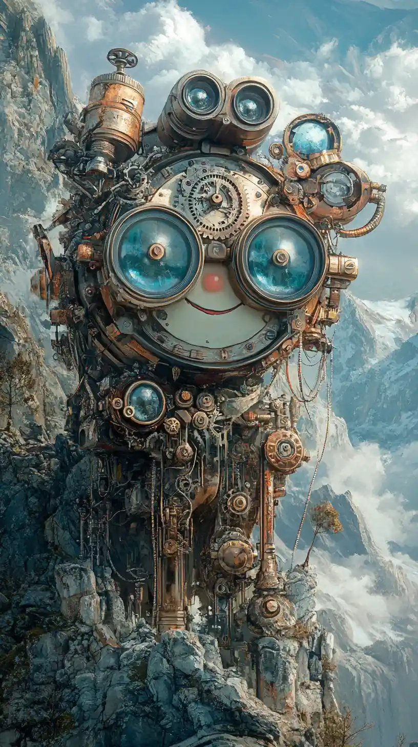 Reloj steampunk tierno con binoculares en escena de montañas en tonos pastel