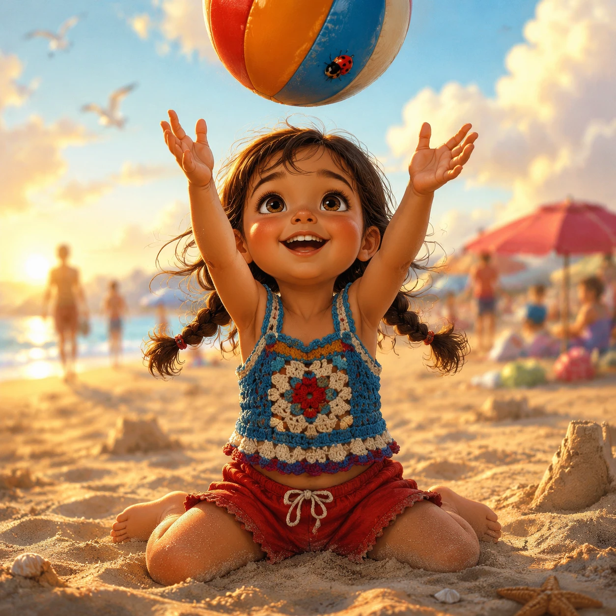 Niña pequeña atrapando una pelota colorida en una playa soleada