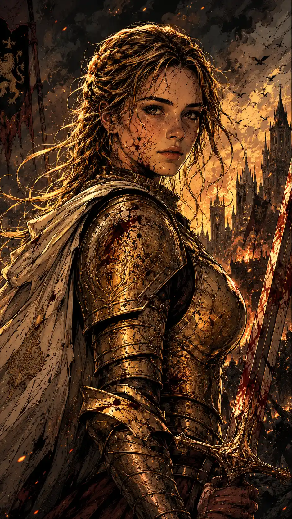 Illustrazione dark fantasy in stile graphic novel con linee a inchiostro