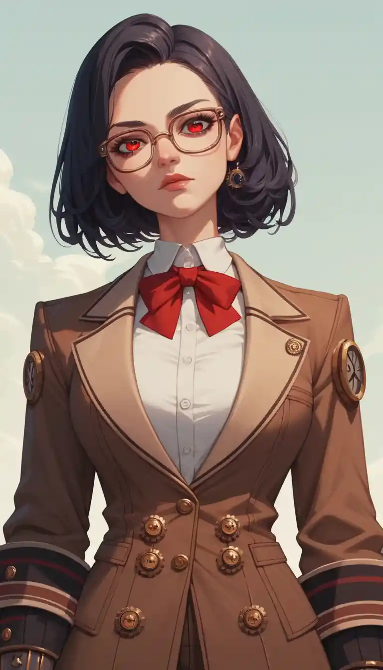 Primer plano de profesora steampunk con gafas y ojos brillantes