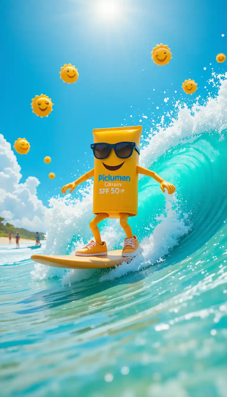 Personaje de protector solar surfeando una brillante ola de verano turquesa