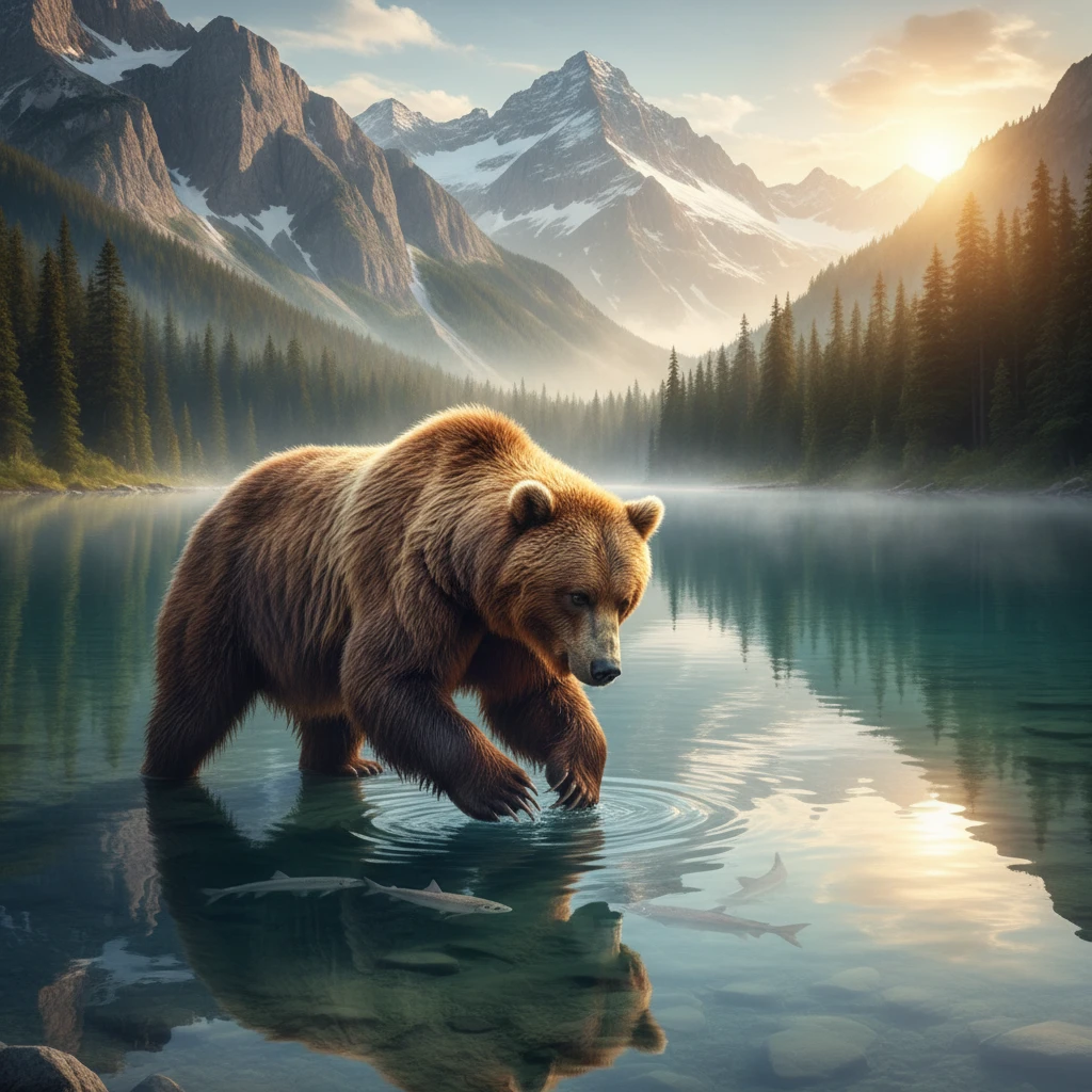 Braunbär jagt Fische am Ufer eines klaren Sees