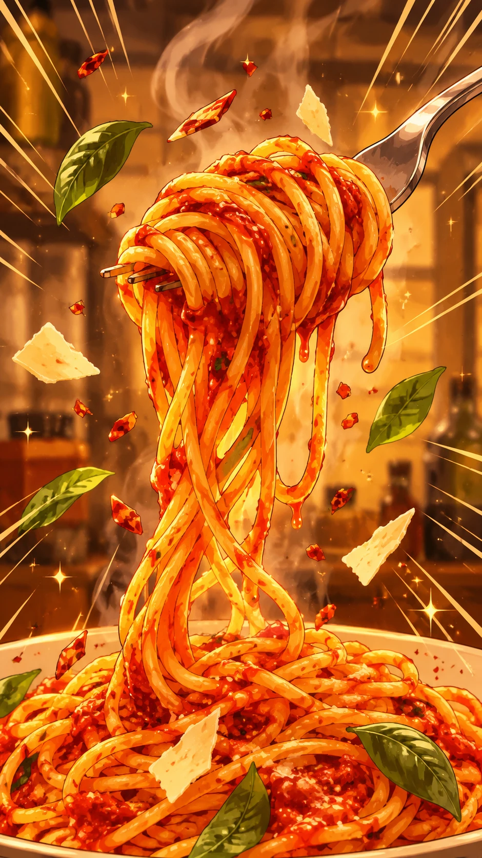 Pasta picante enrollada en un tenedor bajo el brillo de una cocina de anime