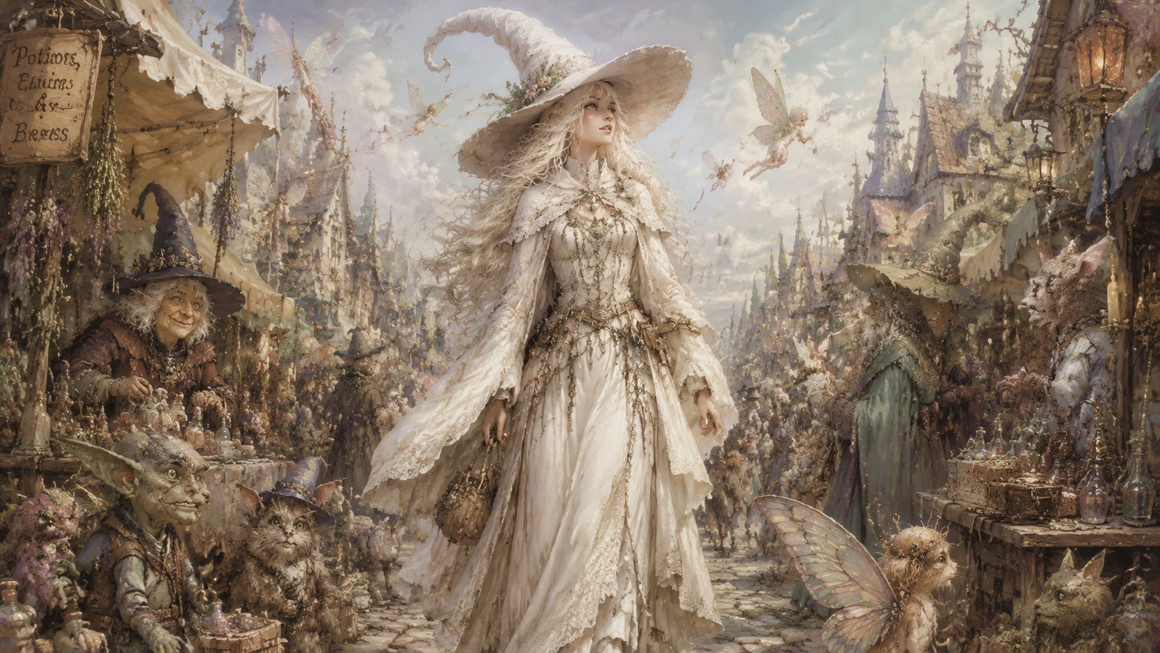 Bruja blanca caminando por un animado mercado de fantasía