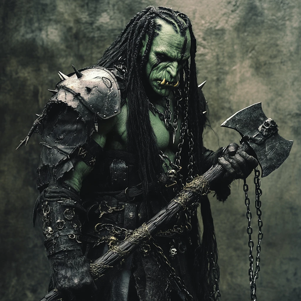 Grim Orc Warrior In Black Leather Coat With Battle Axe