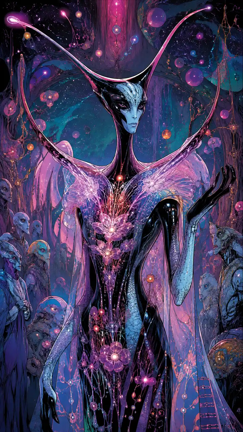 Alien diplomat glowing with bioluminescent antennae in outer space