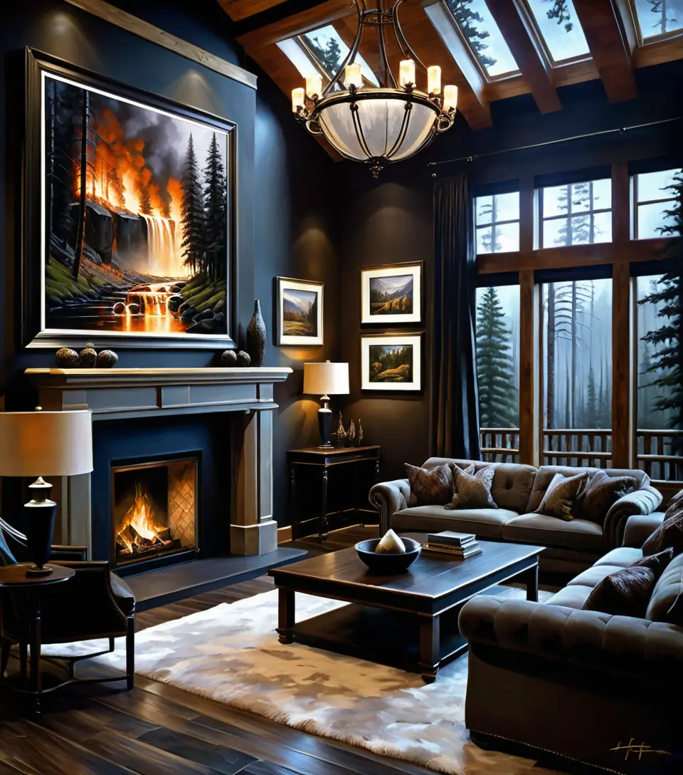 Dark fantasy gallery room filled with framed forest paintings