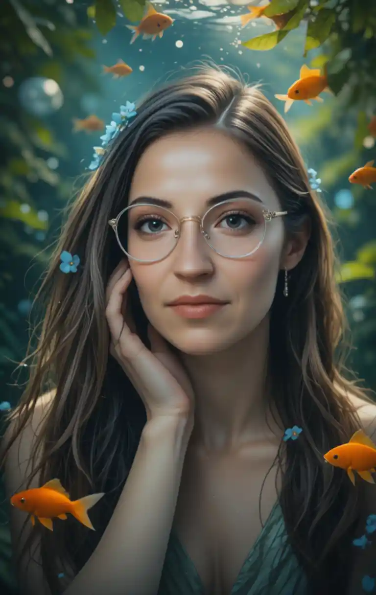 Dreamy underwater girl with goldfish and blue flowers