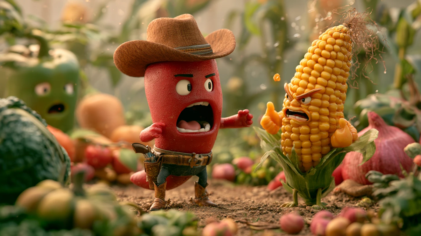 Cartoon chili cowboy yelling at angry corn in garden