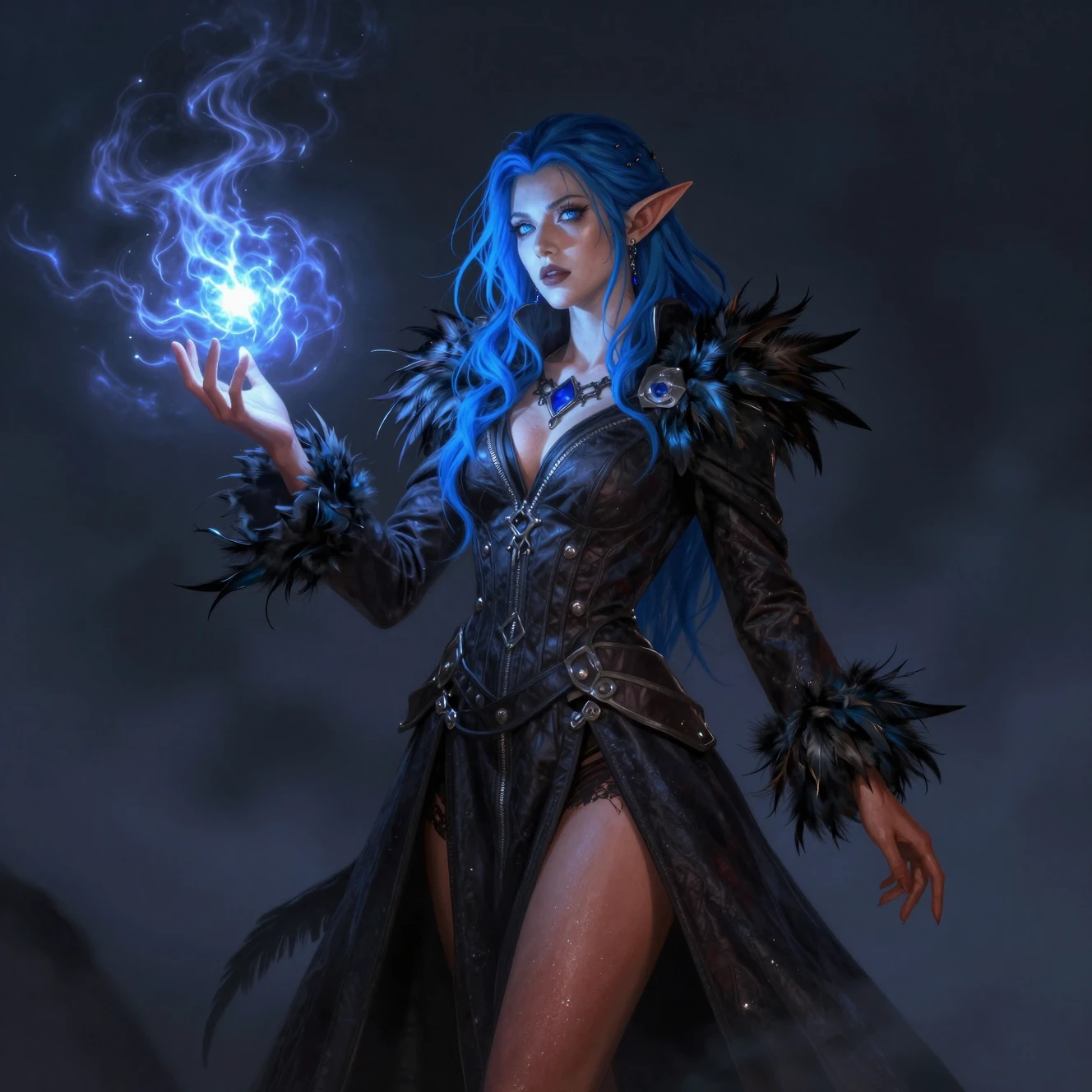 Elf sorceress with storm magic and flowing feathered coat