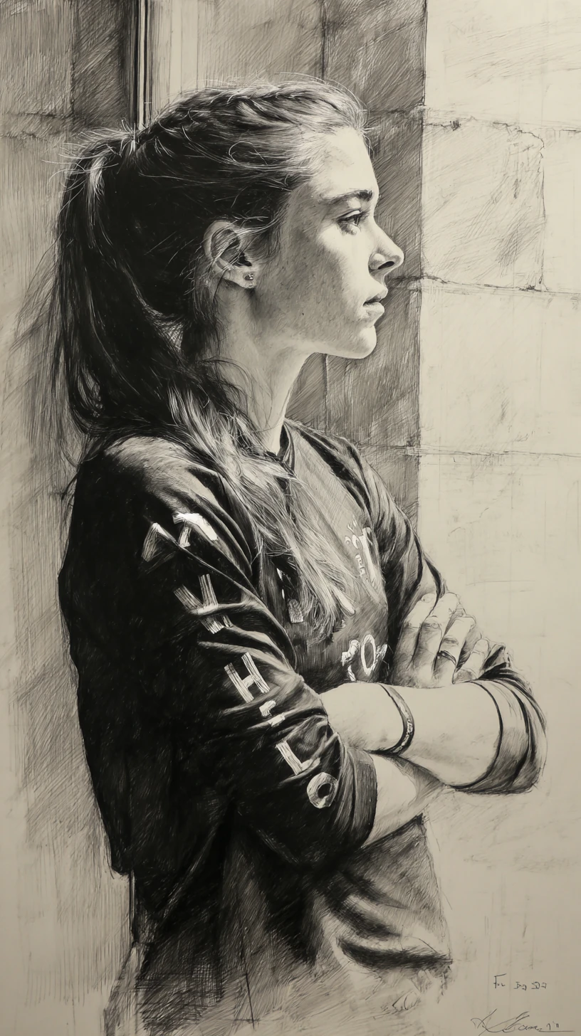Graphite full body portrait of focused female football player