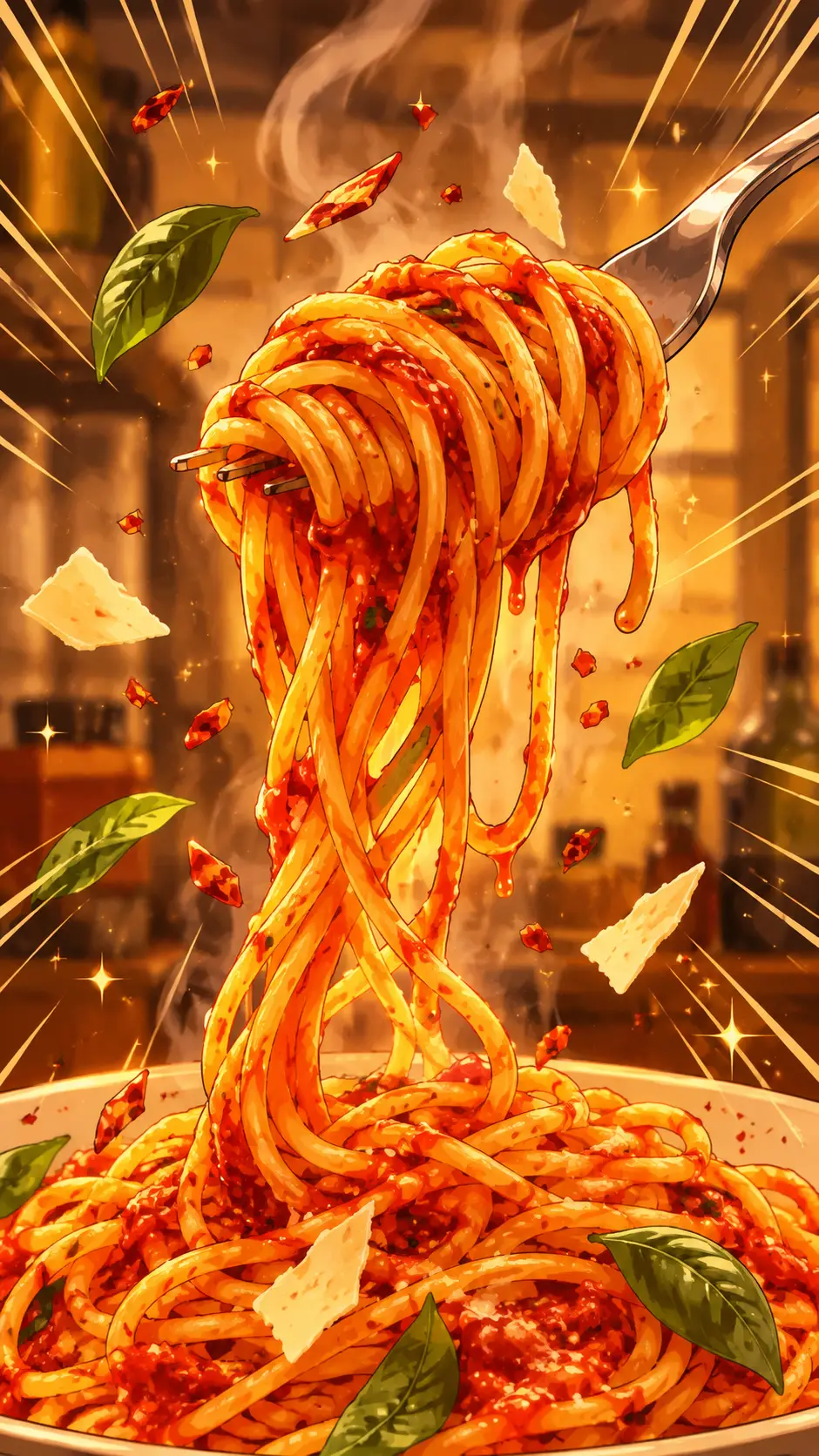 Spicy pasta twirled on a fork in anime kitchen glow
