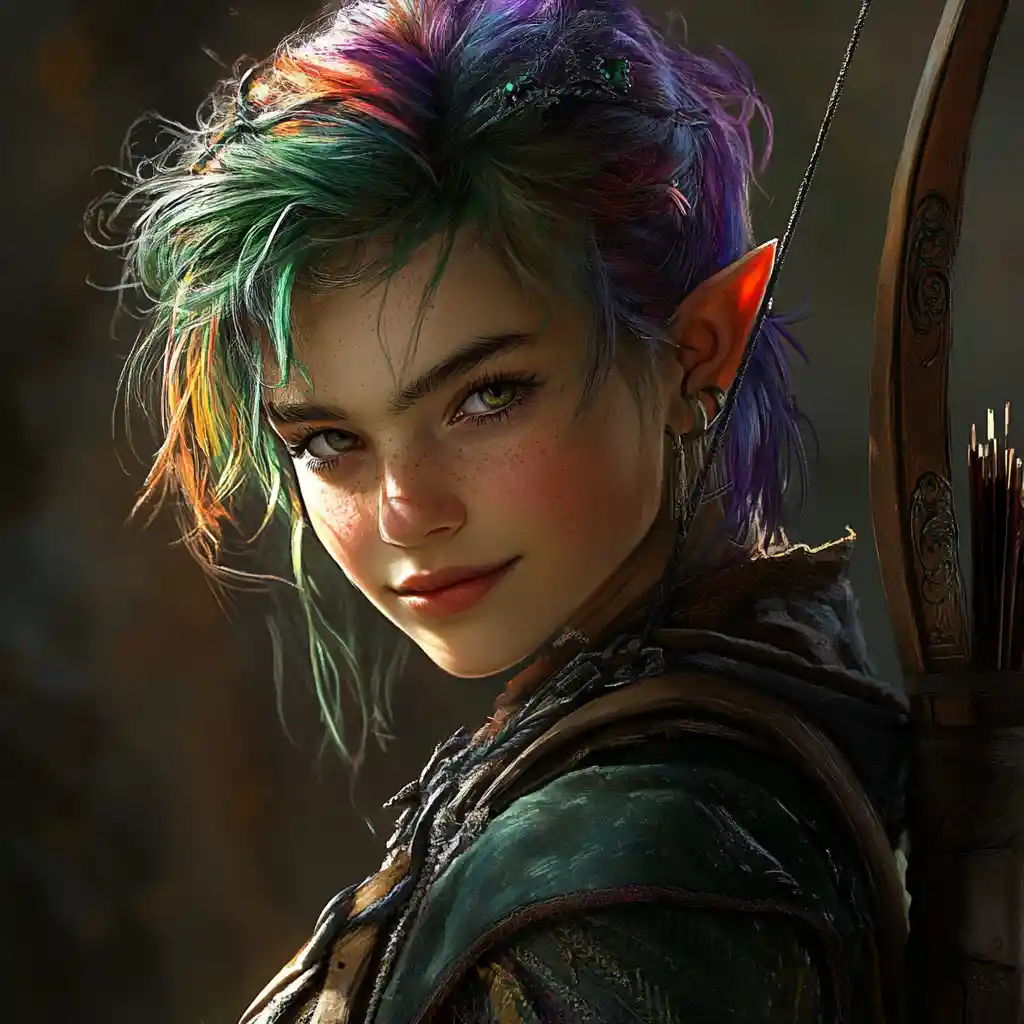 Chica elfa exploradora de fantasía, juguetona, con el pelo corto y colorido