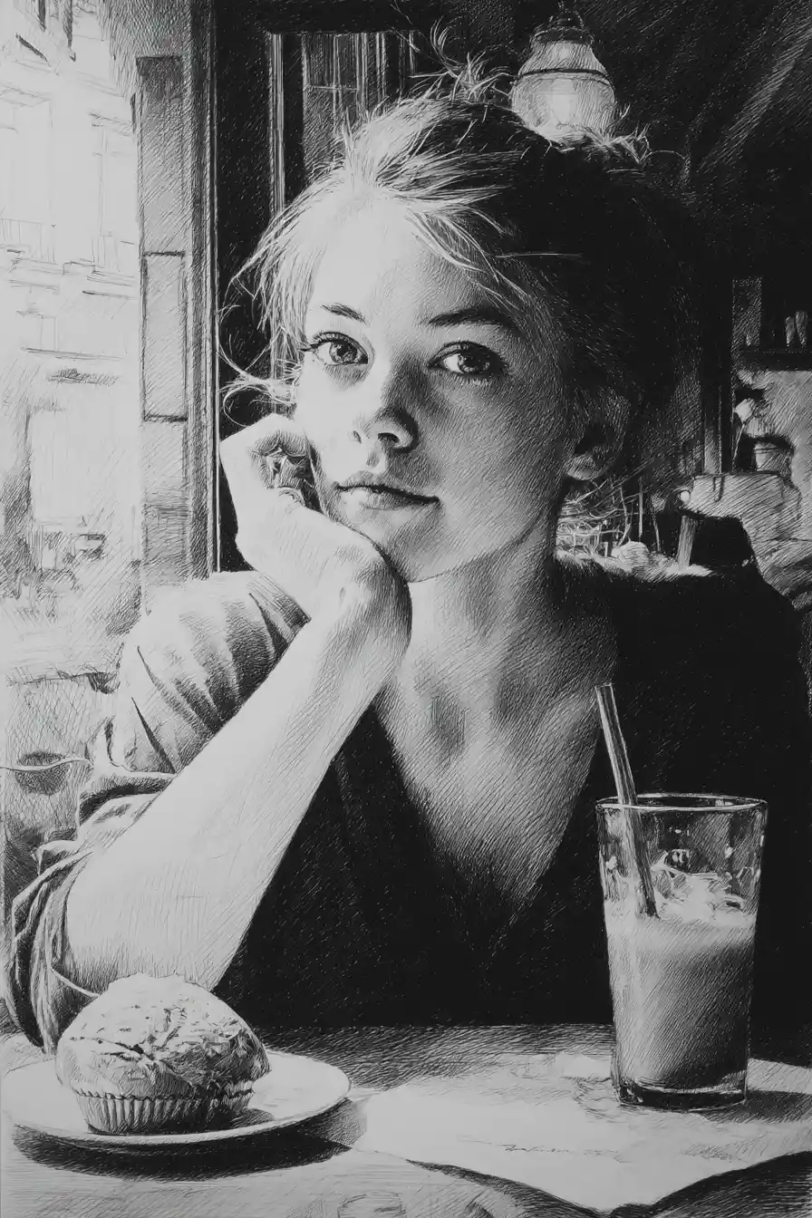 Young woman sketch at a cafe table with coffee