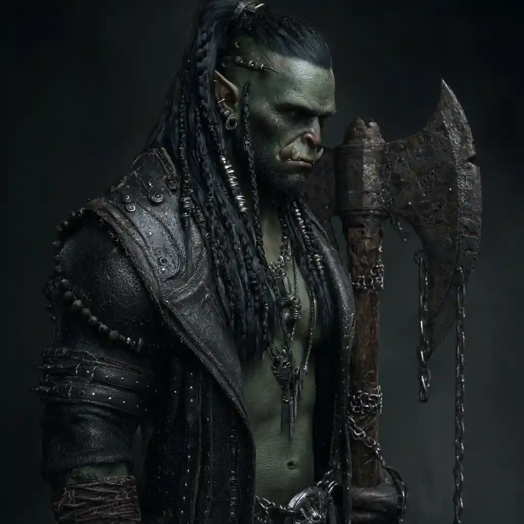 Grim Orc Warrior In Black Leather Coat With Battle Axe