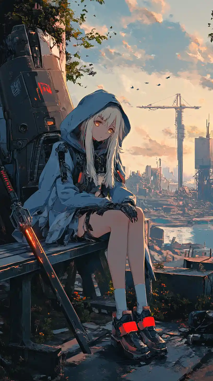 Chica de anime descansando en un banco en una ciudad en ruinas