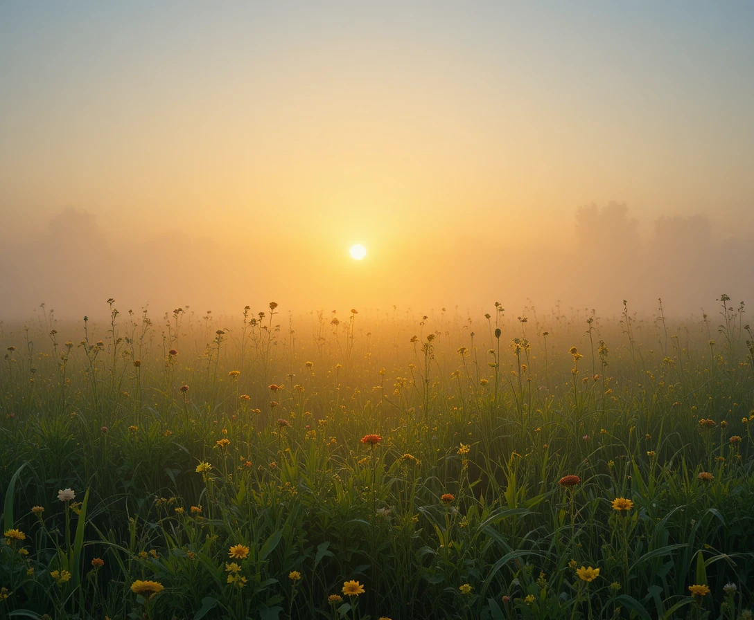 Luz dorada del amanecer sobre un prado florido entre la niebla