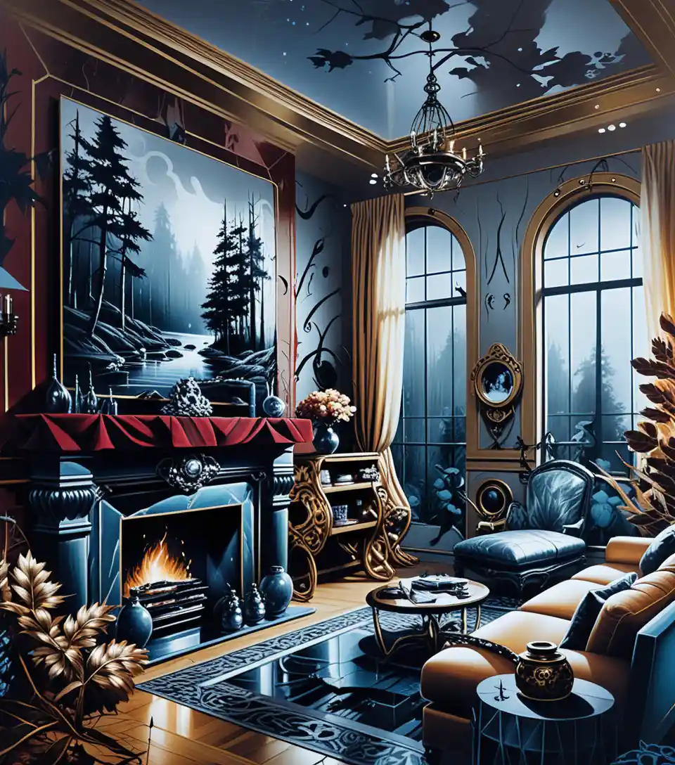 Line art gallery room with forest fire paintings