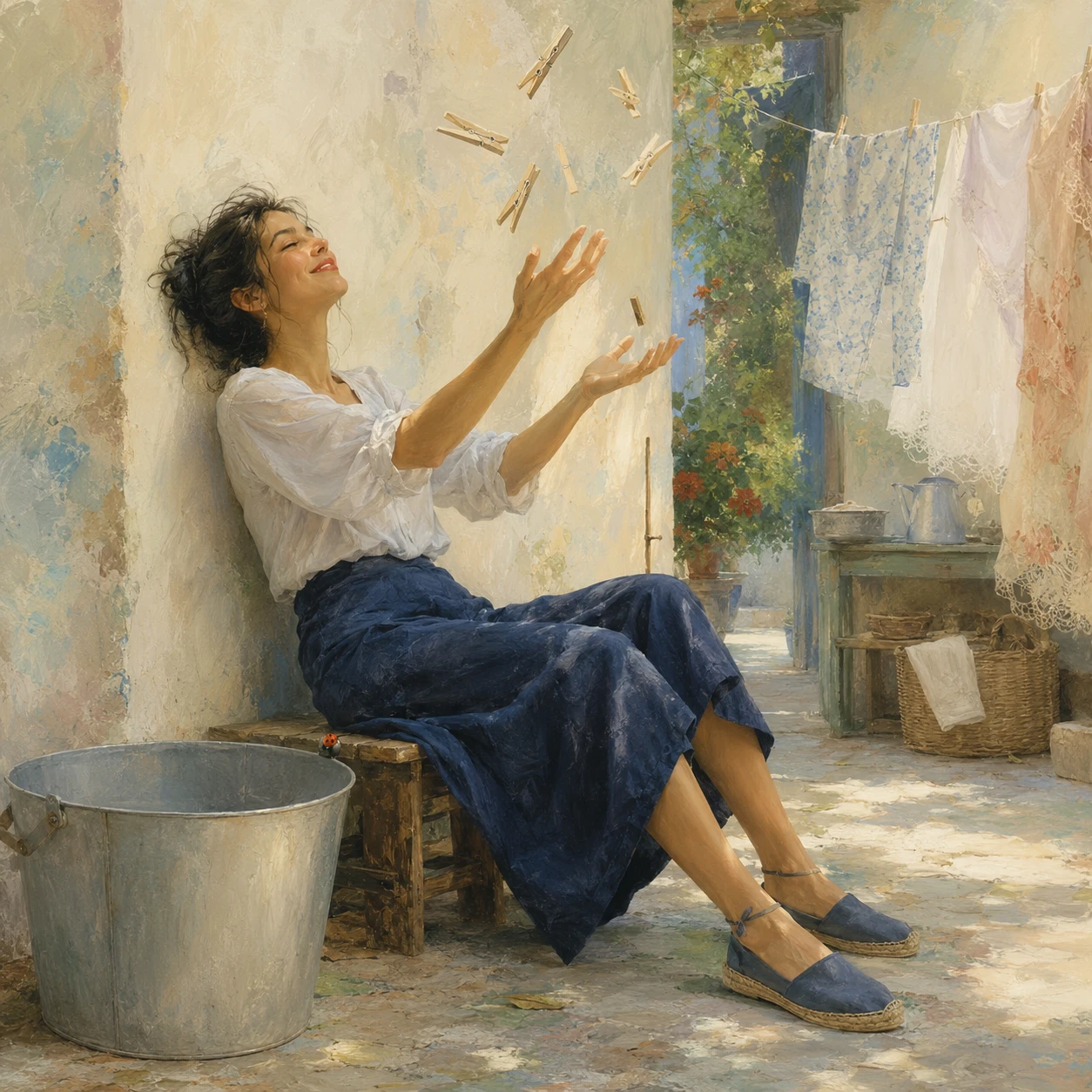 Mujer relajada descansando en un banco en un tranquilo patio