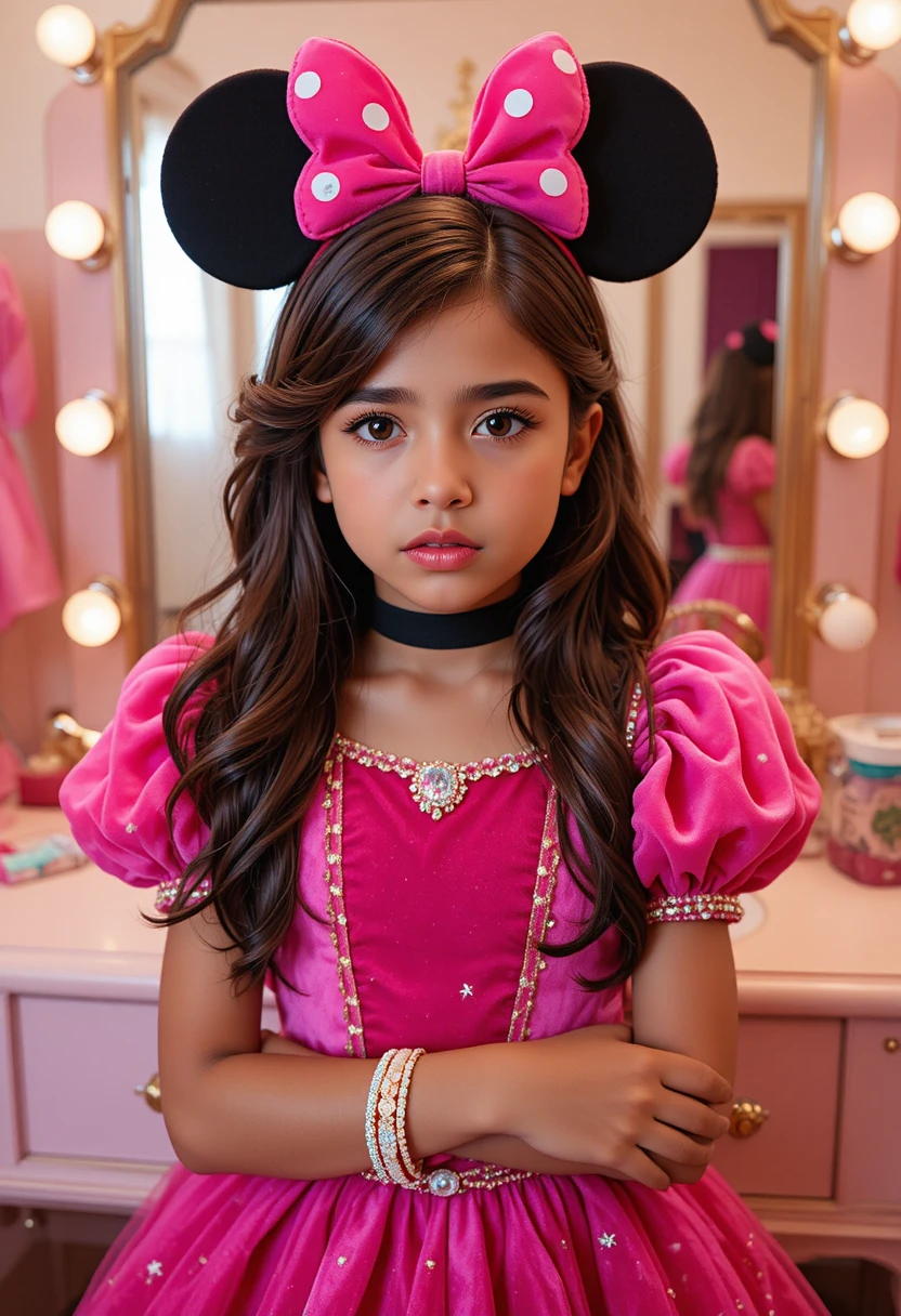 Nervous tween boy in a pink princess costume at vanity