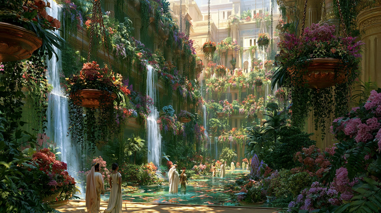 Lush hanging gardens with cascading waterfalls and koi ponds