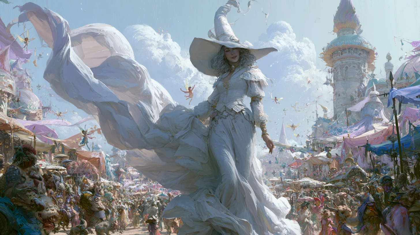 White witch walking through a lively fantasy market