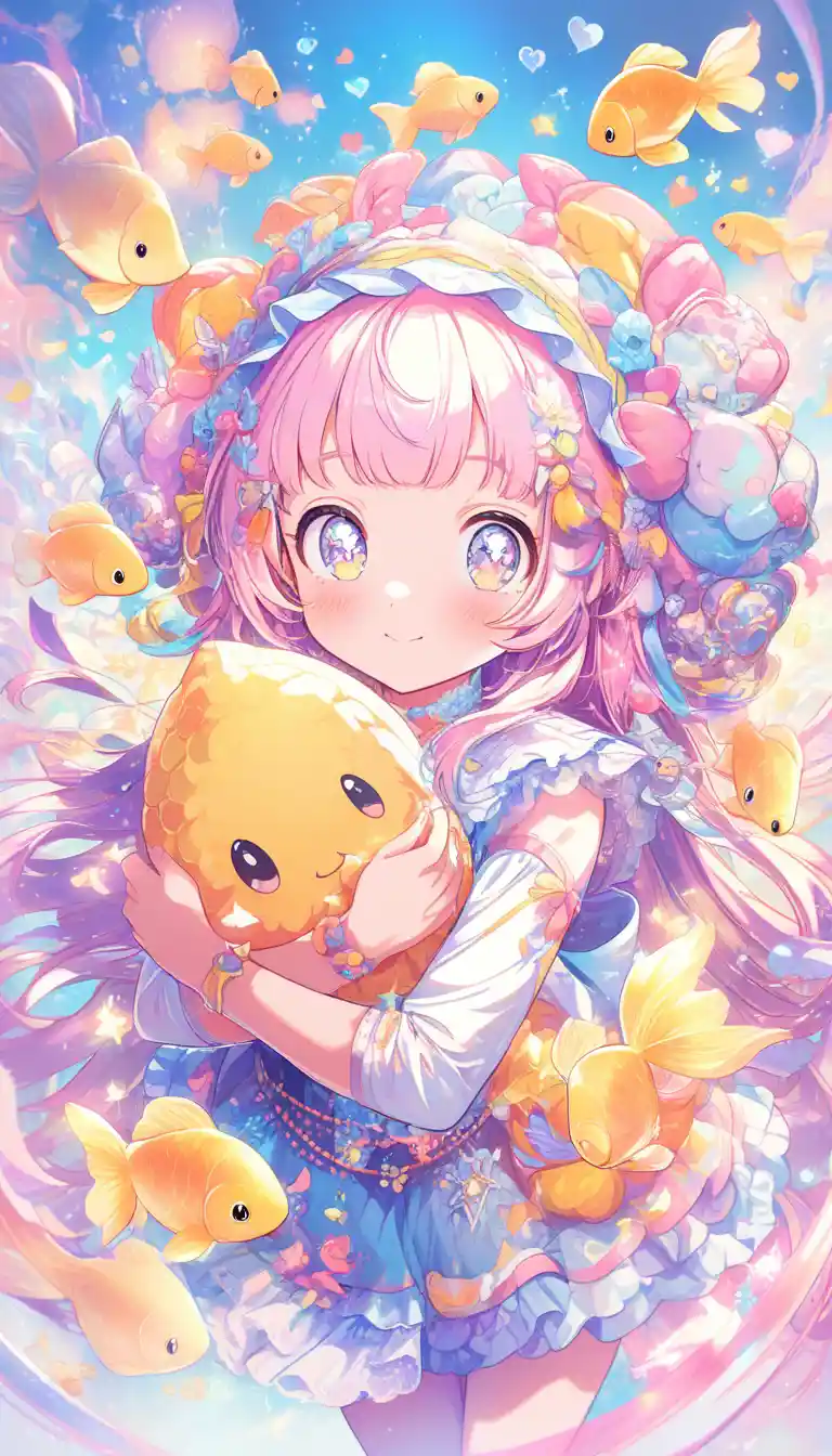 大きな金色の金魚のぬいぐるみを抱きしめるかわいいアニメ少女