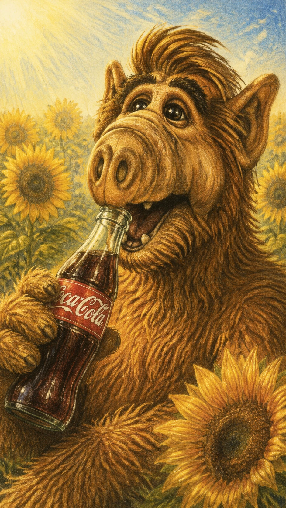 Playful Furry Alien Sipping Coca Cola In Retro Illustration