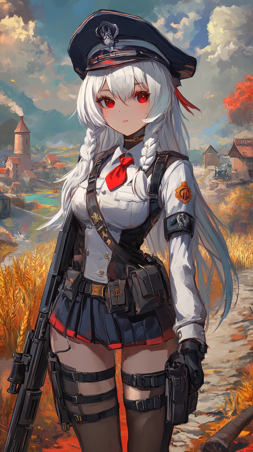 Anime girl soldier with white braids in uniform