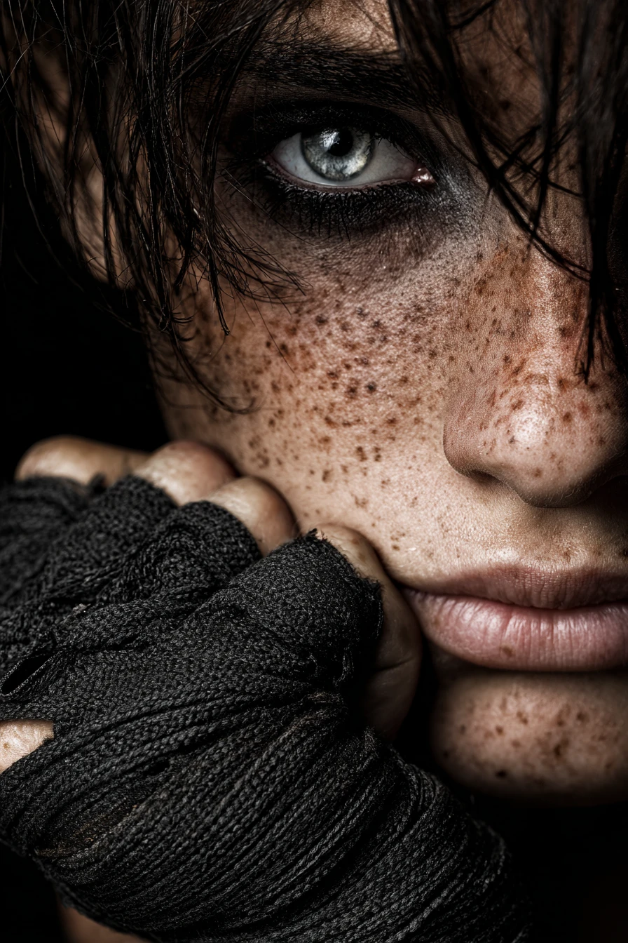 Retrato intenso de mujer pecosa con la mano envuelta en tela negra