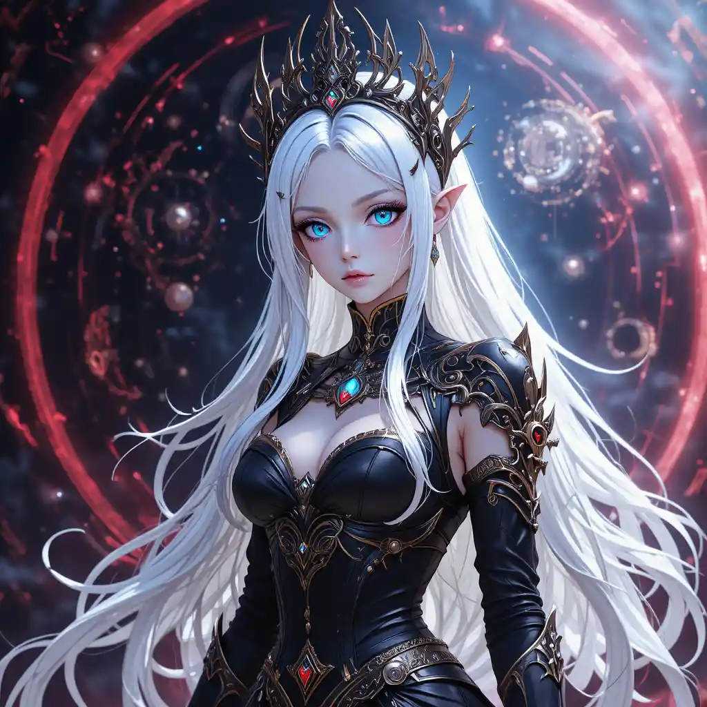 Diosa de anime regia con cabello blanco y aura brillante