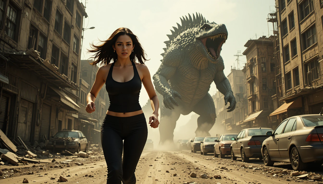 Mujer corriendo por una ciudad en ruinas mientras un monstruo gigante acecha