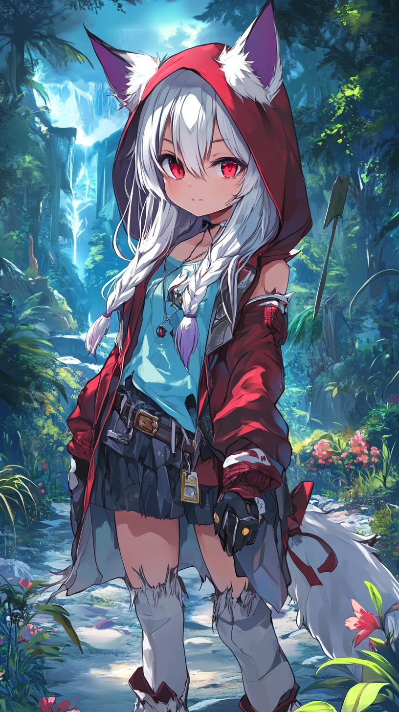 Chica de anime en isla tropical con ruinas de castillo