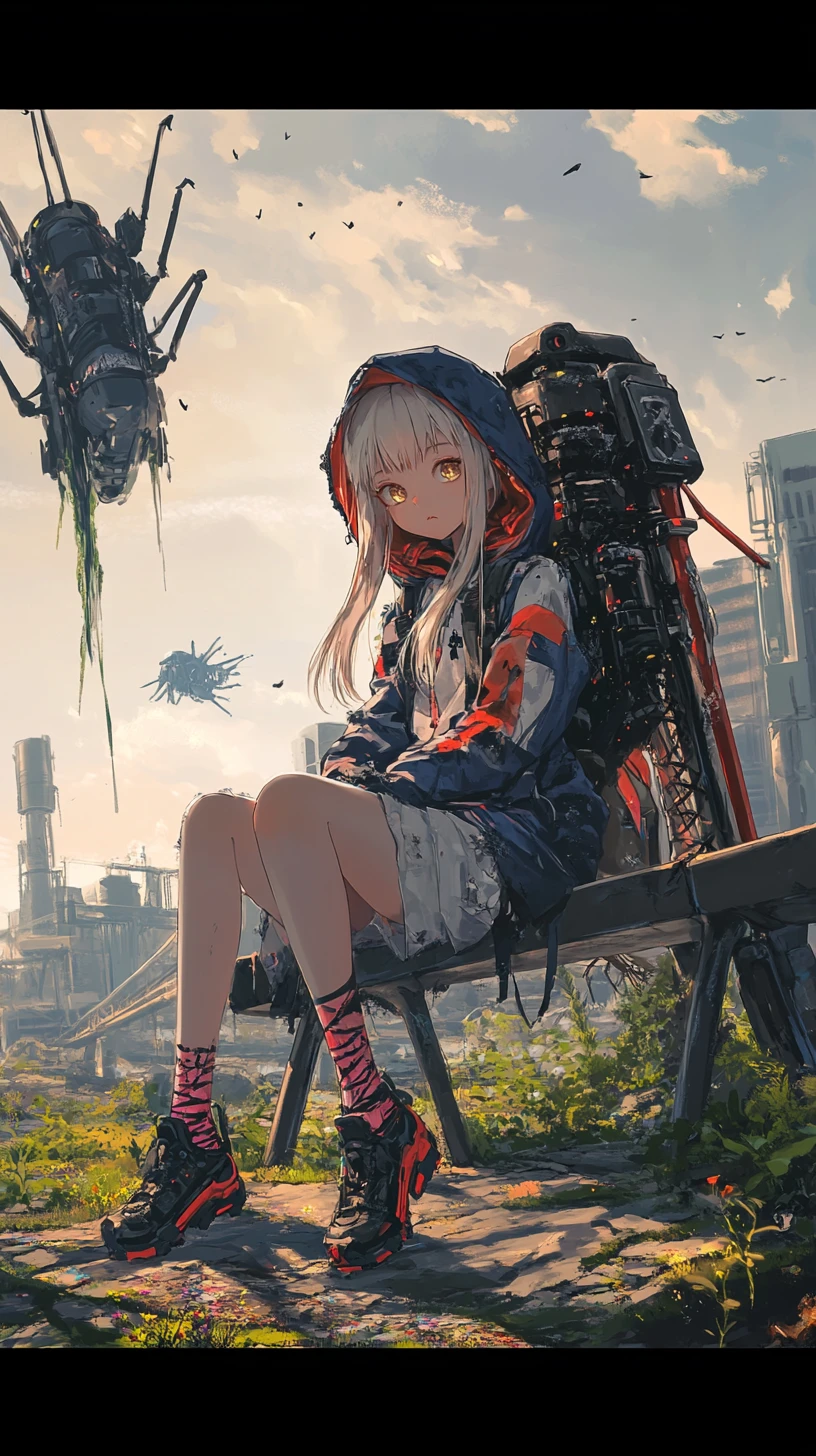 剣を持つ廃墟の街のベンチに座る少女