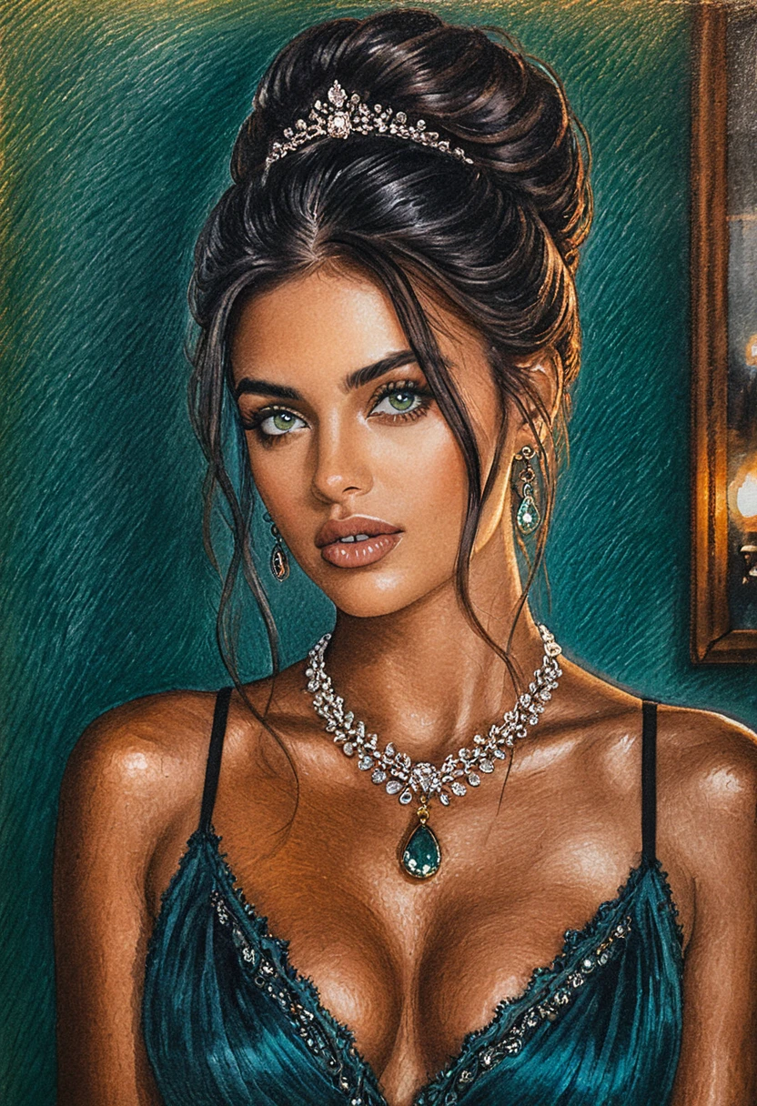 Elegant woman portrait in color pencil with emerald background
