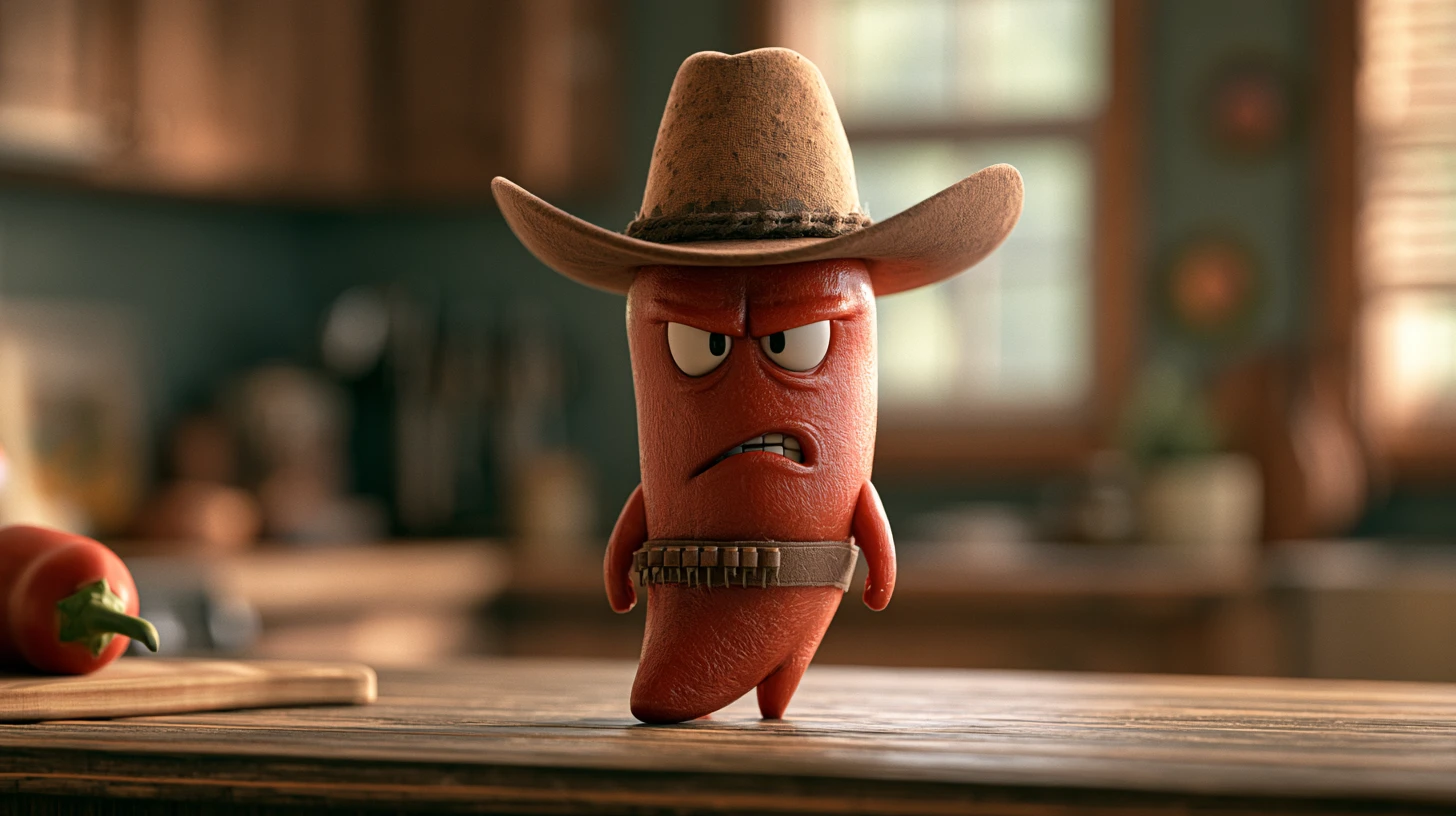 Angry Chili Pepper Cowboy On A Kitchen Table