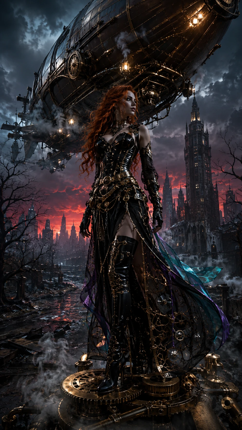 Mujer steampunk de pie en una calle en ruinas de Nueva York