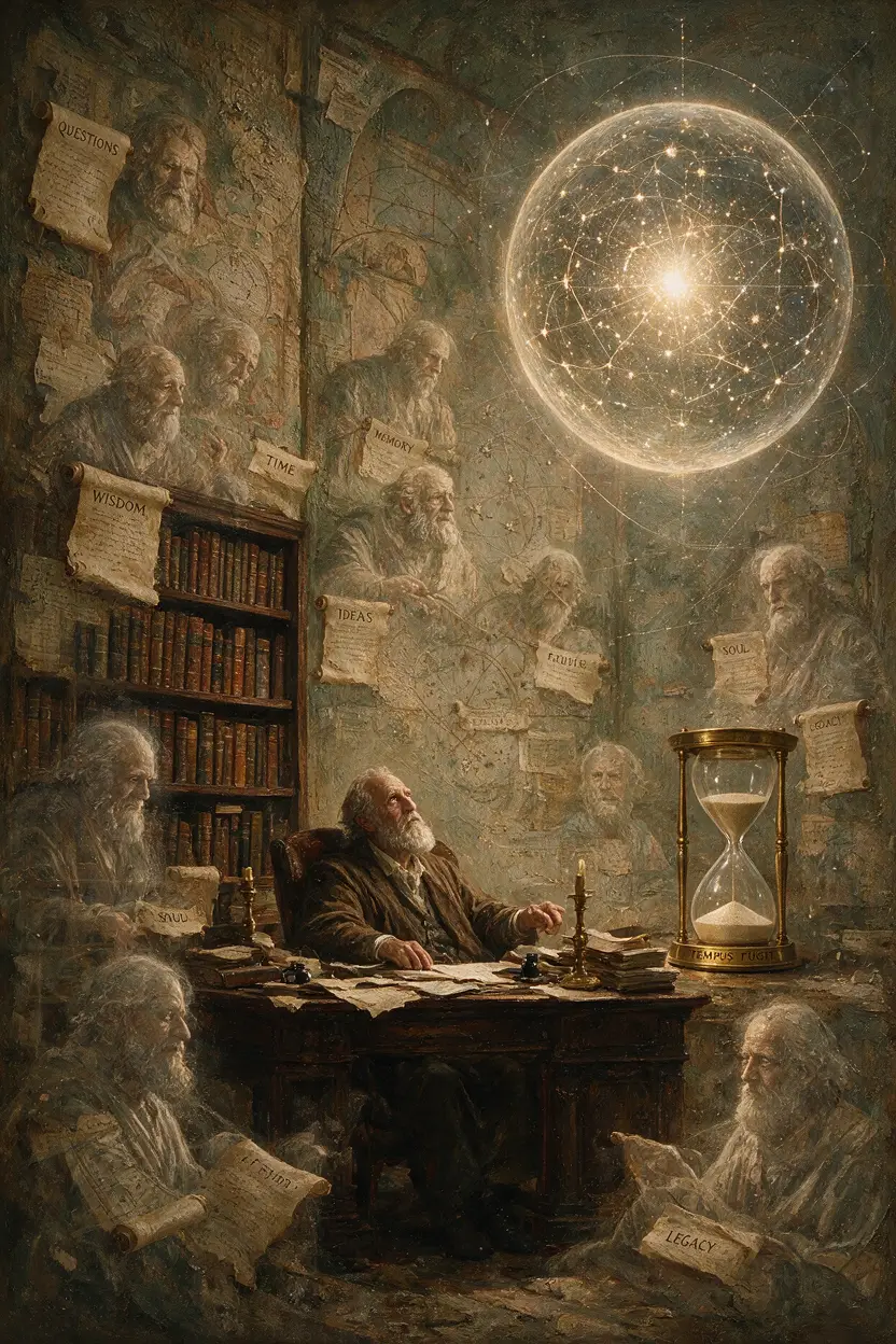 Filósofo en una cámara surreal de recuerdos e ideas