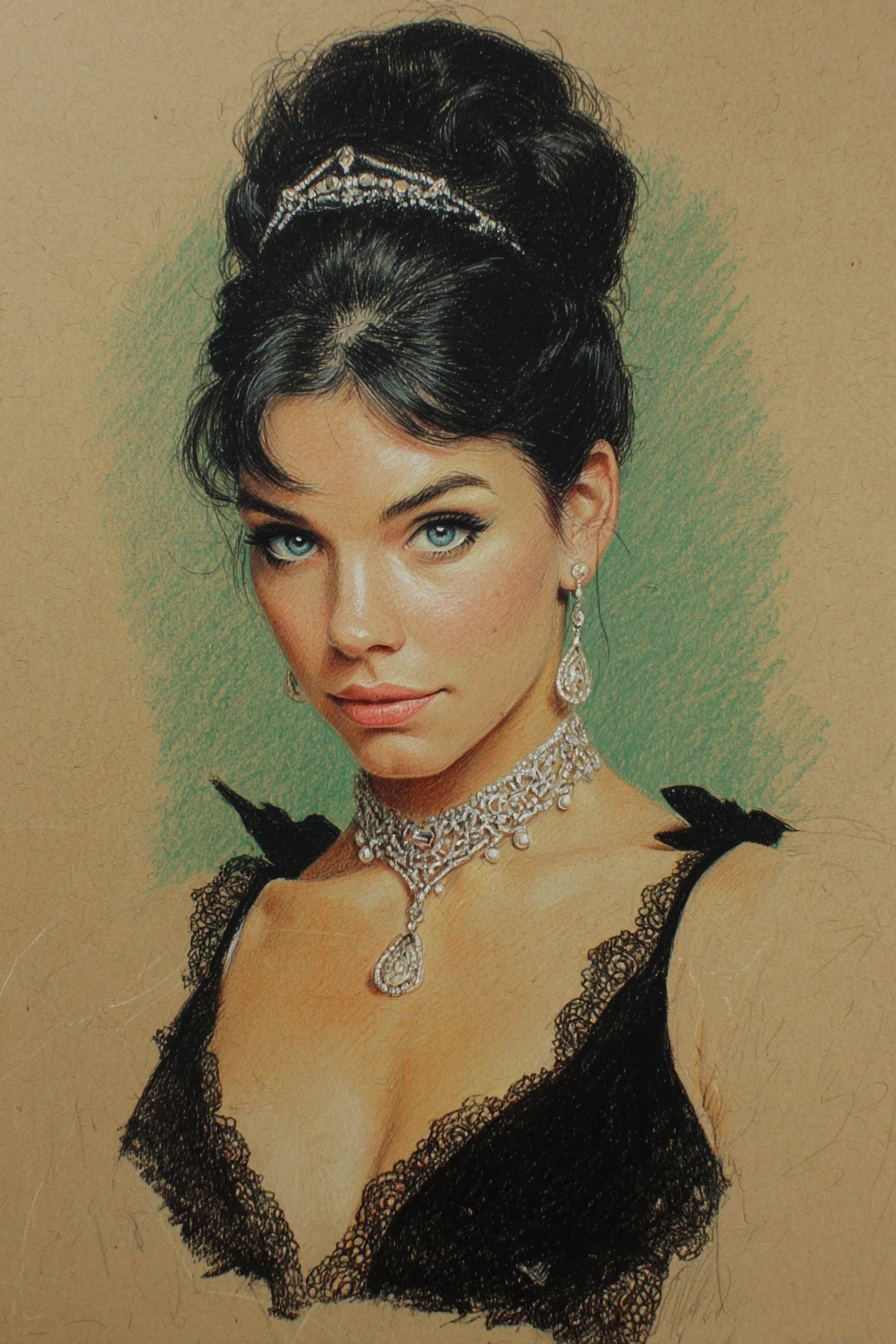 Retrato elegante a lápices de colores de una mujer con diamantes