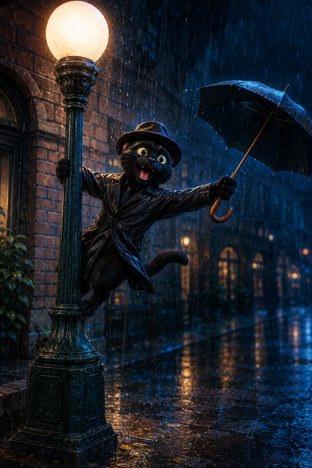 Gato negro antropomórfico cantando bajo la lluvia de noche